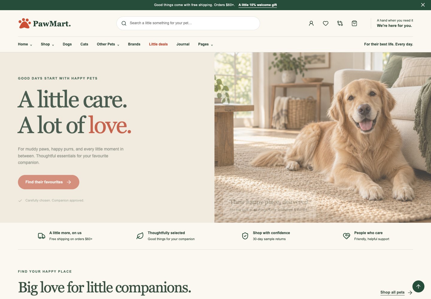 PawMart homepage preview with a warm pet lifestyle hero, navigation, and product discovery