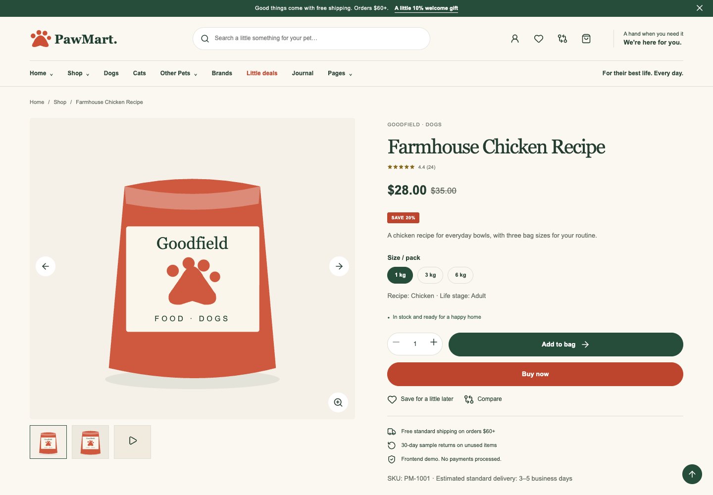 Actual product page with its gallery, options and shopping controls